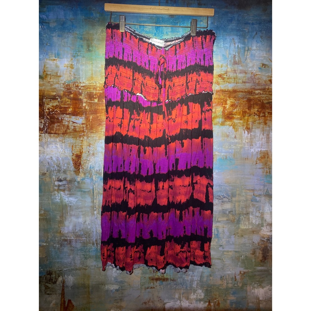 Fashion Bug‎ Tie Dye Smocked Maxi Dress Skirt XL Purple Red Black Boho Festival